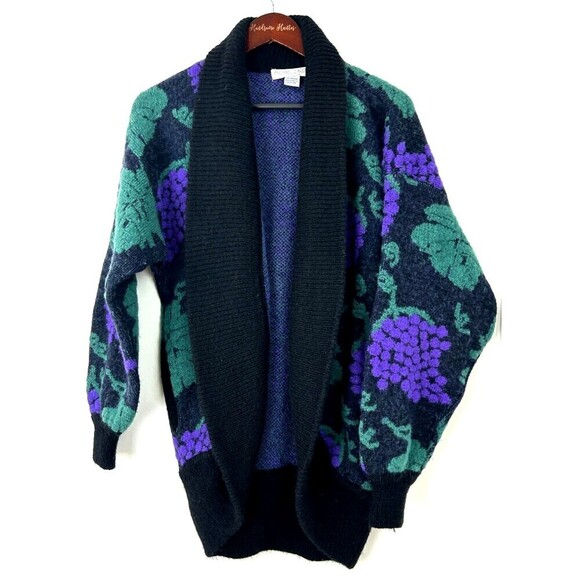 Michael Carol Women Sz L Grape Print Cardigan Mohair Balloon sleeve Sweater R1 - Picture 3 of 12